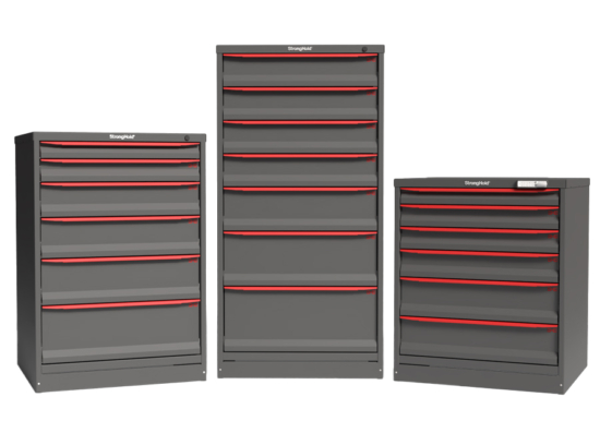 Three Strong Hold modular drawer storage cabinets at various heights; 36", 44", 60" heights. One includes and electronic lock for access control