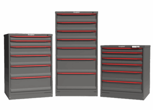 Three Strong Hold modular drawer storage cabinets at various heights; 36", 44", 60" heights. One includes and electronic lock for access control