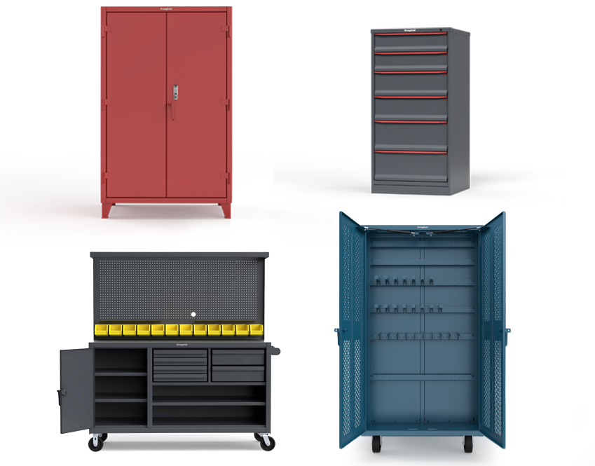 Strong Hold product lineup; steel storage cabinet, modular drawer storage cabinet, mobile workstation, and rigging cabinet