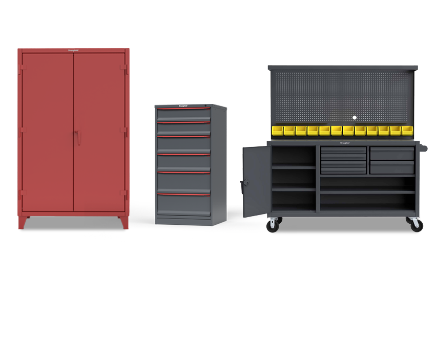 Strong Hold product lineup; steel storage cabinet, modular drawer storage cabinet, mobile workstation
