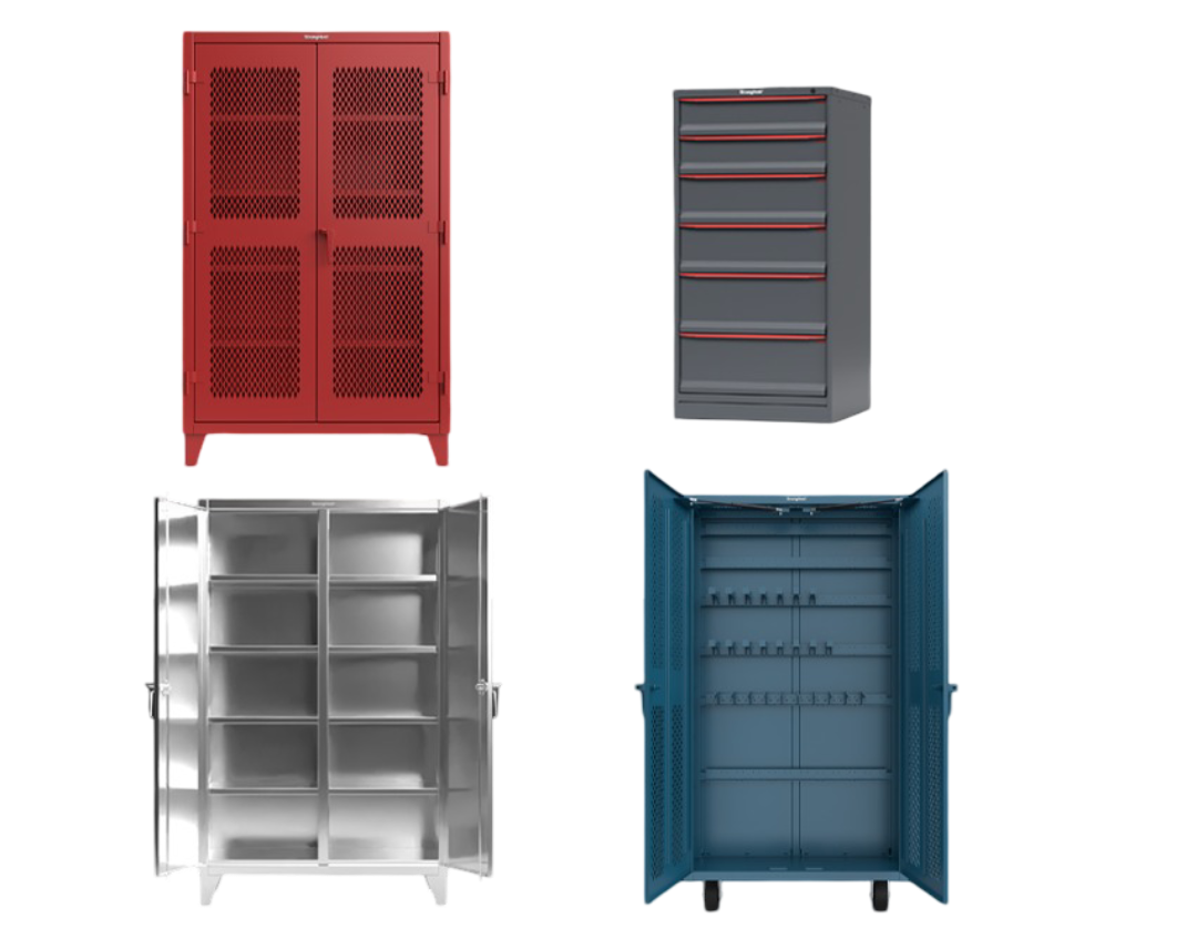 Strong Hold product lineup; ventilated storage cabinet, modular drawer storage cabinet, stainless steel cabinet, and rigging cabinet