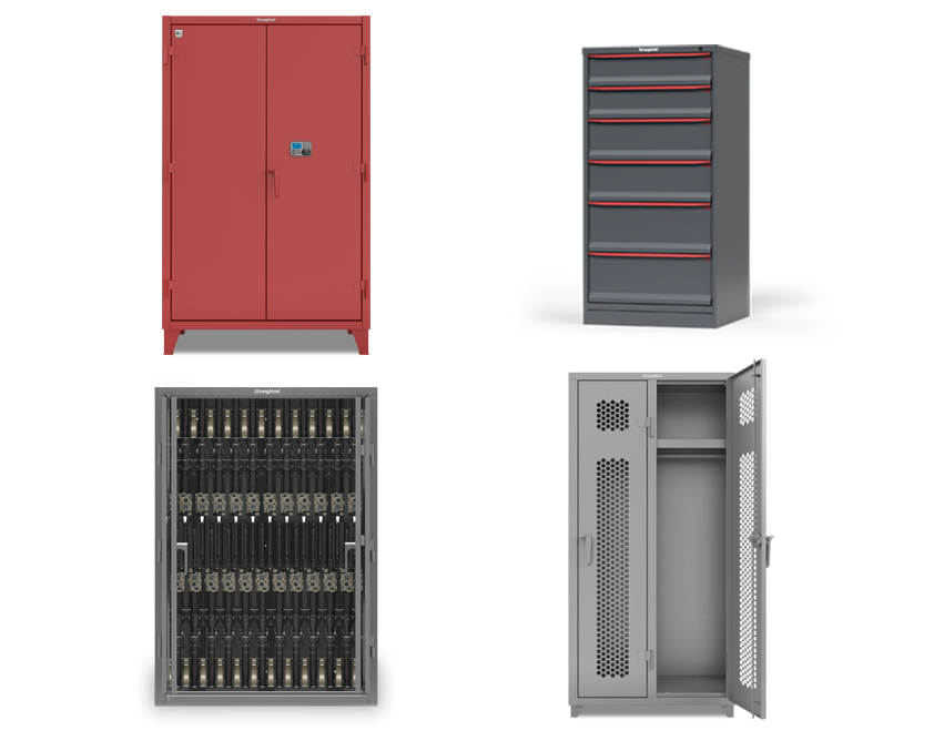 Military storage product lineup; access controlled cabinet, modular drawer storage cabinet, weapons/tactical locker, and a ventilated locker