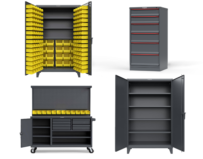 Strong Hold MRO industry product line up; bin cabinet, modular drawer storage, workstation, and shelving cabinet