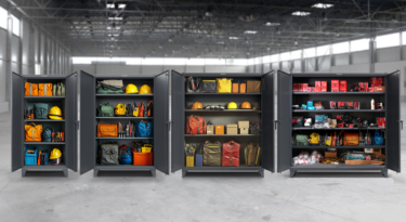 Strong Hold Six Series industrial cabinet line up with doors open full of equipment