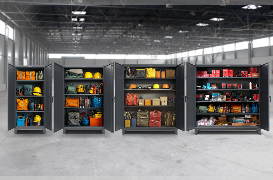 Strong Hold Six Series industrial cabinet line up with doors open full of equipment