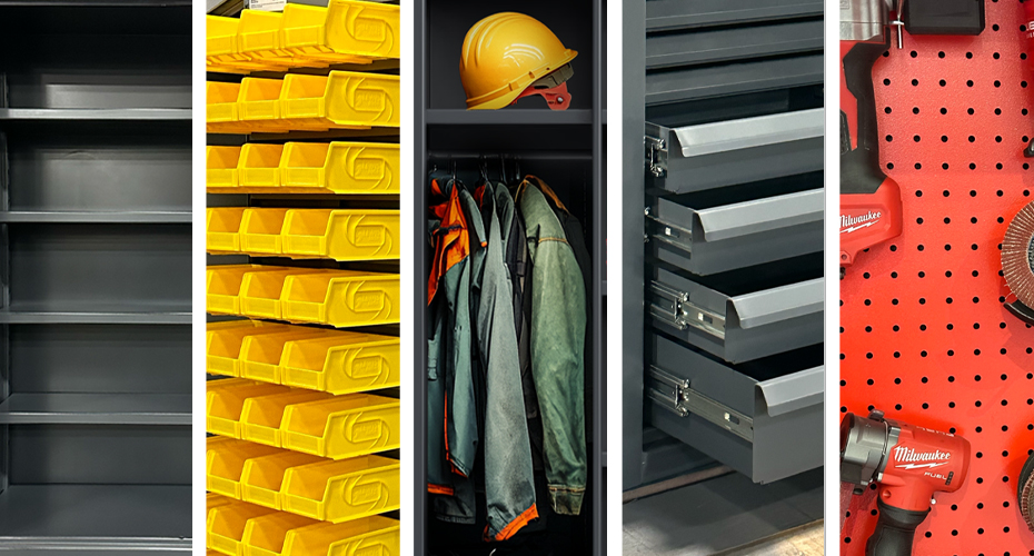 Compilation image of different Strong Hold cabinet interiors, including shelves, bins, wardrobe, and pegboard