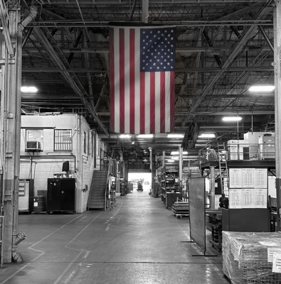 American flag hanging in the Strong Hold production facility