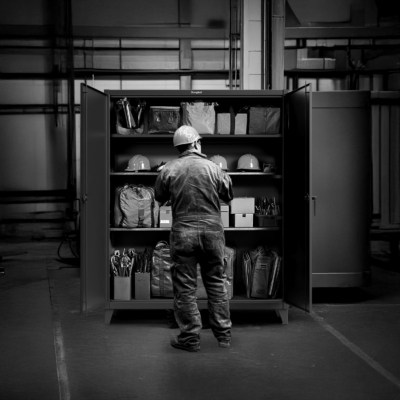 Man in hardhat selects gear from a Strong Hold cabinet
