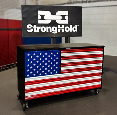 Strong Hold American flag cart in front of the Strong Hold logo