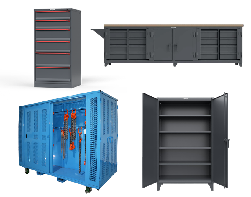 Strong Hold material handling product line up, including modular drawer storage, workstation, rigging storage, and an industrial storage cabinet