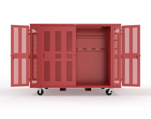 Strong Hold Extreme Duty Mobile Rigging Cabinet with 2 sets of 2 Ventilated Sliding Doors and 2 sets of 2 Ventilated Swing Doors with Short and Long Hangers - 122 in. W x 50 in. D x 100 in. H