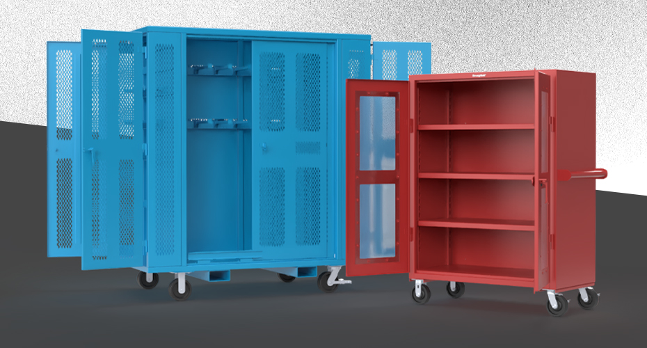 Strong Hold rigging cabinet with casters and forklift pockets and a Strong Hold mobile cabinet on casters