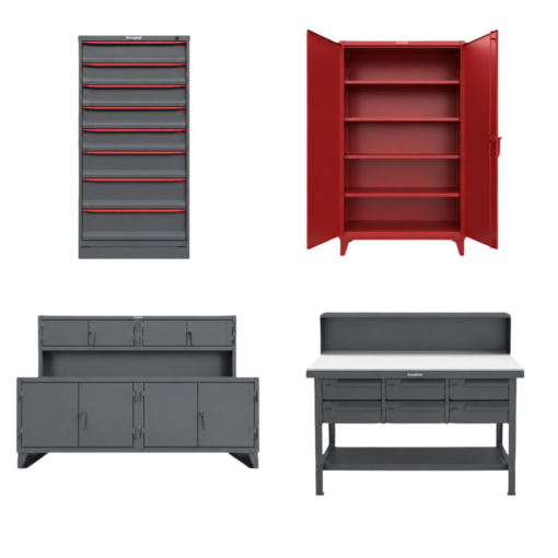 Strong Hold product lineup including; modular drawer storage cabinet, industrial storage cabinet, workbench, and shop table