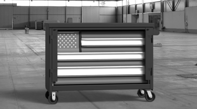 Strong Hold 5-TC-240-4.5-4DR American flag Modular Drawer Storage tool cart in an industrial environment