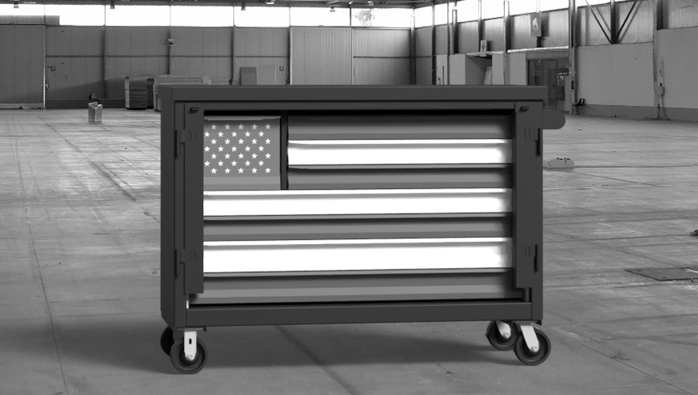 Strong Hold 5-TC-240-4.5-4DR American flag Modular Drawer Storage tool cart in an industrial environment