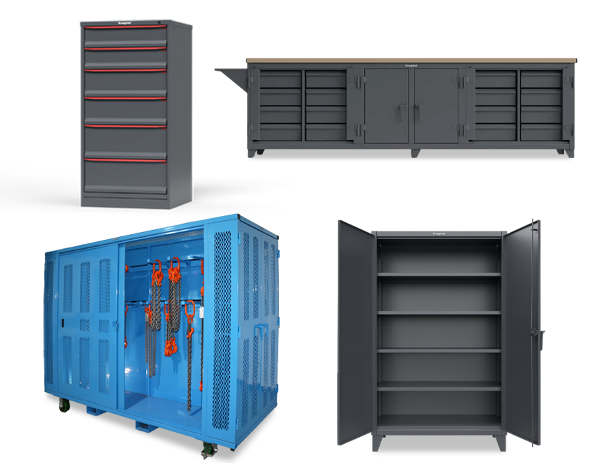 Strong Hold material handling product line up, including modular drawer storage, workstation, rigging storage, and an industrial storage cabinet