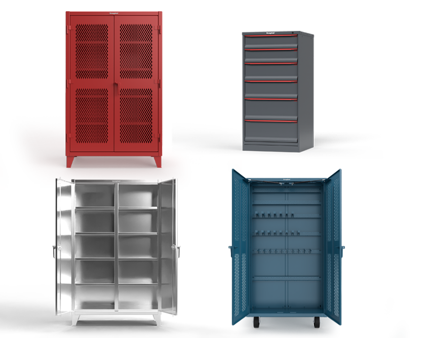 Strong Hold product lineup; ventilated storage cabinet, modular drawer storage cabinet, stainless steel cabinet, and rigging cabinet