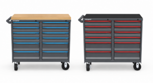 Strong Hold modular drawer storage tool carts with ABS and maple work surfaces